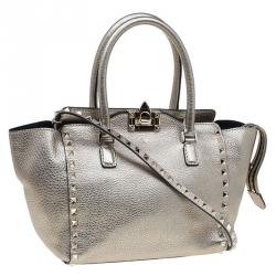 Pre Owned Valentino Metallic Grey Leather Small Rockstud Shopper Tote