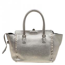 Pre Owned Valentino Metallic Grey Leather Small Rockstud Shopper Tote