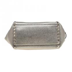 Pre Owned Valentino Metallic Grey Leather Small Rockstud Shopper Tote