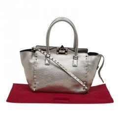 Pre Owned Valentino Metallic Grey Leather Small Rockstud Shopper Tote