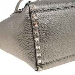 Pre Owned Valentino Metallic Grey Leather Small Rockstud Shopper Tote