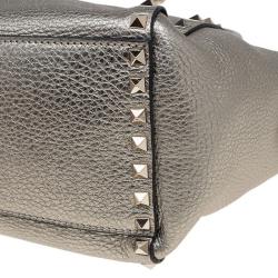 Pre Owned Valentino Metallic Grey Leather Small Rockstud Shopper Tote