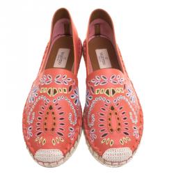 Pre Owned Valentino Coral Embroidered Leather Espadrilles Size 40