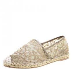 Pre Owned Valentino Pistachio Green Lace and Leather Espadrilles Size 41