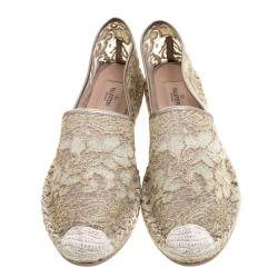 Pre Owned Valentino Pistachio Green Lace and Leather Espadrilles Size 41