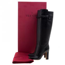 Valentino Black Leather Braided Strap Over the Knee Boots Size 37