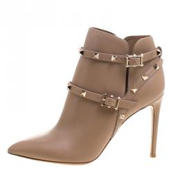 Pre Owned Valentino Beige Leather Rockstud Pointed Toe Ankle Boots Size 40