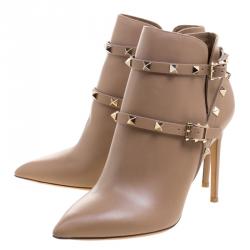 Pre Owned Valentino Beige Leather Rockstud Pointed Toe Ankle Boots Size 40