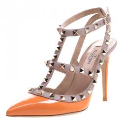 Pre Owned Valentino Beige and Orange Patent Leather Rockstud Sandals Size 35