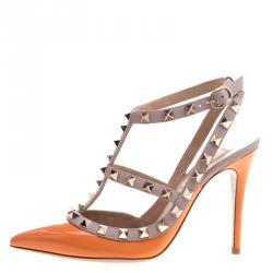 Pre Owned Valentino Beige and Orange Patent Leather Rockstud Sandals Size 35