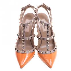 Pre Owned Valentino Beige and Orange Patent Leather Rockstud Sandals Size 35