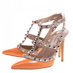Pre Owned Valentino Beige and Orange Patent Leather Rockstud Sandals Size 35