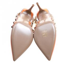 Pre Owned Valentino Beige and Orange Patent Leather Rockstud Sandals Size 35