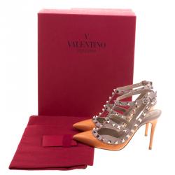 Pre Owned Valentino Beige and Orange Patent Leather Rockstud Sandals Size 35