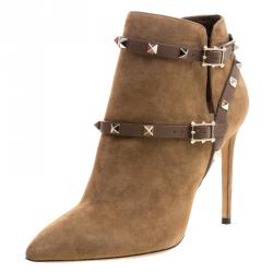 Pre Owned Valentino Brown Suede Rockstud Pointed Toe Ankle Boots Size 40