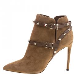 Pre Owned Valentino Brown Suede Rockstud Pointed Toe Ankle Boots Size 40