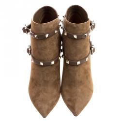 Pre Owned Valentino Brown Suede Rockstud Pointed Toe Ankle Boots Size 40