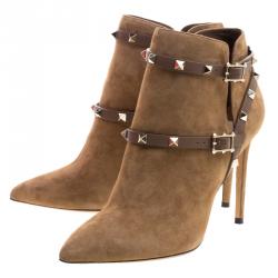 Pre Owned Valentino Brown Suede Rockstud Pointed Toe Ankle Boots Size 40