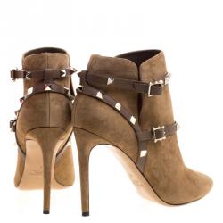 Pre Owned Valentino Brown Suede Rockstud Pointed Toe Ankle Boots Size 40