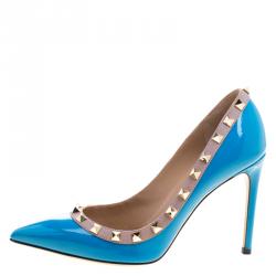 Pre Owned Valentino Blue Patent Leather Rockstud Leather Pumps Size 36.5
