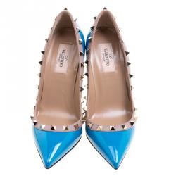Pre Owned Valentino Blue Patent Leather Rockstud Leather Pumps Size 36.5