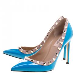 Pre Owned Valentino Blue Patent Leather Rockstud Leather Pumps Size 36.5
