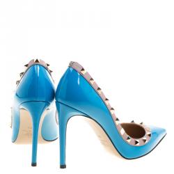 Pre Owned Valentino Blue Patent Leather Rockstud Leather Pumps Size 36.5