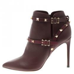 Pre Owned Valentino Burgundy Leather Rockstud Pointed Toe Ankle Boots Size 38