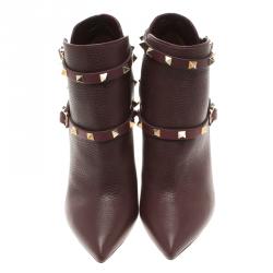 Pre Owned Valentino Burgundy Leather Rockstud Pointed Toe Ankle Boots Size 38