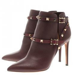 Pre Owned Valentino Burgundy Leather Rockstud Pointed Toe Ankle Boots Size 38