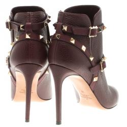 Pre Owned Valentino Burgundy Leather Rockstud Pointed Toe Ankle Boots Size 38