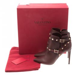 Pre Owned Valentino Burgundy Leather Rockstud Pointed Toe Ankle Boots Size 38