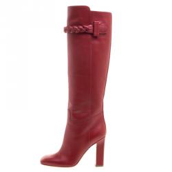 Pre Owned Valentino Red Leather Braided Applique Knee Boots Size 37