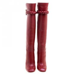 Pre Owned Valentino Red Leather Braided Applique Knee Boots Size 37