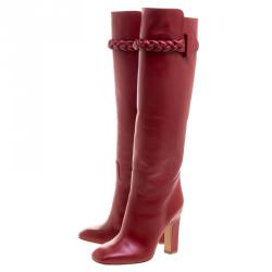 Pre Owned Valentino Red Leather Braided Applique Knee Boots Size 37