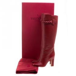 Pre Owned Valentino Red Leather Braided Applique Knee Boots Size 37