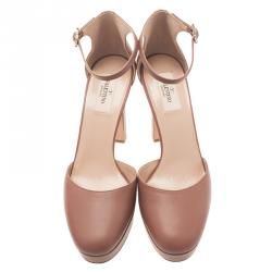 Pre Owned Valentino Brown Leather Ankle Strap Platform Pumps Size 39