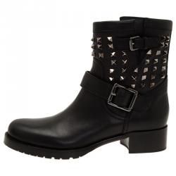 Pre Owned Valentino Black Leather Rockstud Biker Boots Size 40.5