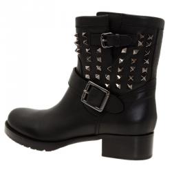 Pre Owned Valentino Black Leather Rockstud Biker Boots Size 40.5