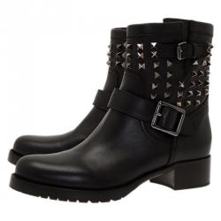 Pre Owned Valentino Black Leather Rockstud Biker Boots Size 40.5