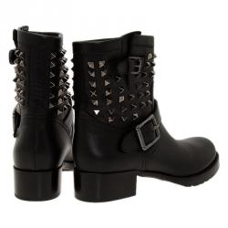 Pre Owned Valentino Black Leather Rockstud Biker Boots Size 40.5