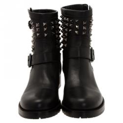 Pre Owned Valentino Black Leather Rockstud Biker Boots Size 40.5