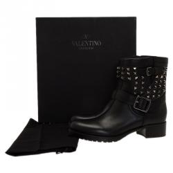 Pre Owned Valentino Black Leather Rockstud Biker Boots Size 40.5