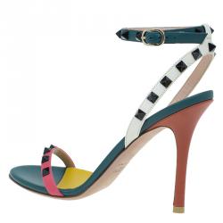 مملوكة مسبقًا صندل فالنتينو روكستاد جلد ثلاثي اللون بحزام للكاحل مقاس 38