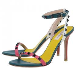 مملوكة مسبقًا صندل فالنتينو روكستاد جلد ثلاثي اللون بحزام للكاحل مقاس 38