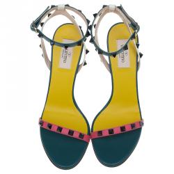 مملوكة مسبقًا صندل فالنتينو روكستاد جلد ثلاثي اللون بحزام للكاحل مقاس 38