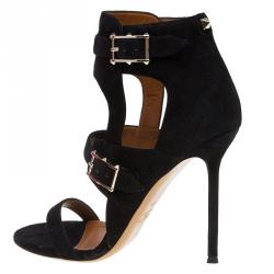 Pre Owned Valentino Black Suede Buckle Detail Ankle Wrap Sandals Size 38.5 