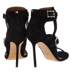 Pre Owned Valentino Black Suede Buckle Detail Ankle Wrap Sandals Size 38.5 