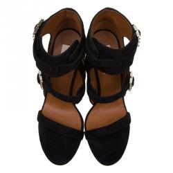 Pre Owned Valentino Black Suede Buckle Detail Ankle Wrap Sandals Size 38.5 