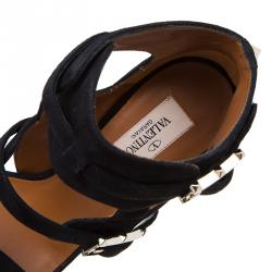 Pre Owned Valentino Black Suede Buckle Detail Ankle Wrap Sandals Size 38.5 